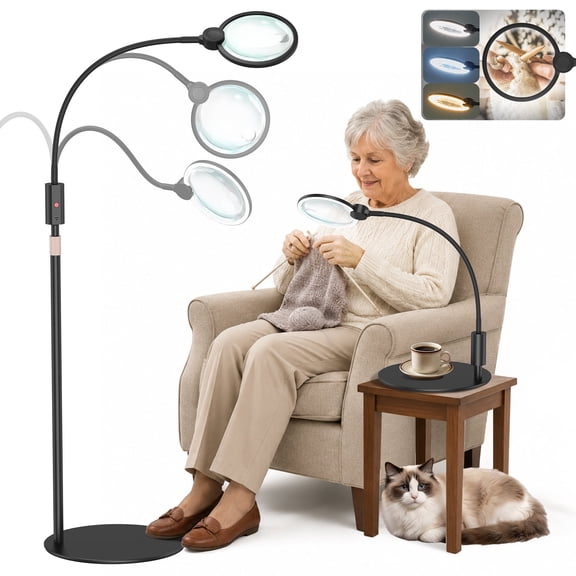 3 in 1 Magnifying Glass for Floor and Desk, Cordless Rechargeable Lighted Magnifying Lamp with 360 Flexible Gooseneck Heavy Base Hands-Free Magnifier for Reading, Sewing, Crafts, Close Work