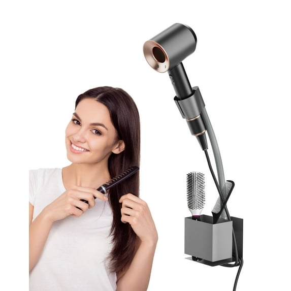 Hands Free Hair Dryer Holder Wall Mounted Hair Blow Dryer Adjustable and Adhesive No Drilling Self Adhesive Bathroom Blow Organizer (Gray)