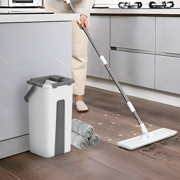 Hands-Free Mop and Bucket Set with Wringer - Flat Floor Cleaning System with 3 Washable Microfiber Pads, Wet and Dry Use Spin Mop System for Efficient Home Cleaning