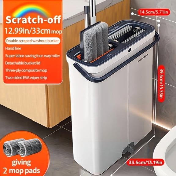 Hands-Free Mop & Wash Bucket Set, 12.99"/15.75" Wet Dry Floor Dust Mop with 2 Reusable Microfiber Cloths, Machine Washable, Cleaning Supplies & Tools