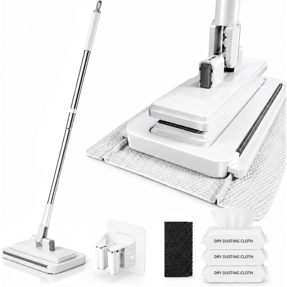 Hands-Free Multi-Purpose Flat Mop 6×31 in, Shark Tooth Grip with Built-In Rubber Squeegee, One-Button Cloth Release, Washable Microfiber Mop
