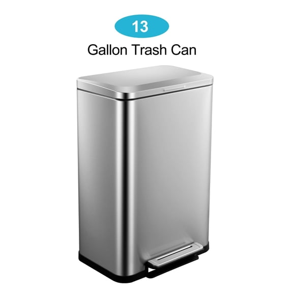 Hands-Free Pedal Kitchen Trash Can – 13 Gallon Stainless Steel Garbage Bin with Lid, Rectangular, Soft Close, Removable Inner Bucket, Fingerprint-Resistant, For Home, Office – Stainless Steel