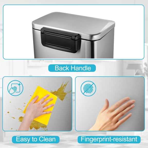 Hands-Free Pedal Stainless Steel Kitchen Trash Can 13 Gallon - Rectangular Design, Soft-Close Lid, Removable Inner Bucket, Fingerprint-Resistant, for Kitchen, Office, Anti-Fingerprint Original Color