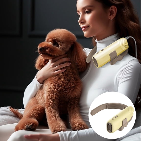 Hands Free Pet Grooming Dryer Neck Hanging High Speed Blower 110V US Plug White Quiet Motor Adjustable Temperature Control Frizz Reduction Cleaning Function for Dog Cat Coat Care
