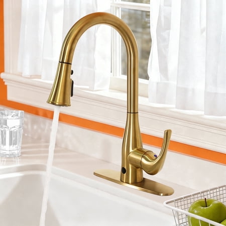 Sunrinx Touchless Pull Down Kitchen Faucet Motion Sensor 4-Spray Brushed Gold Sink Faucet