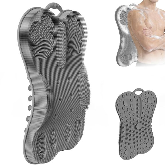 Hands Free Shower Back Scrubber Wall Mounted Exfoliating Bath Mat With Strong Suction Cups, Silicone Body Massage Brush Pad For Men Women Bathroom Spa, Grey