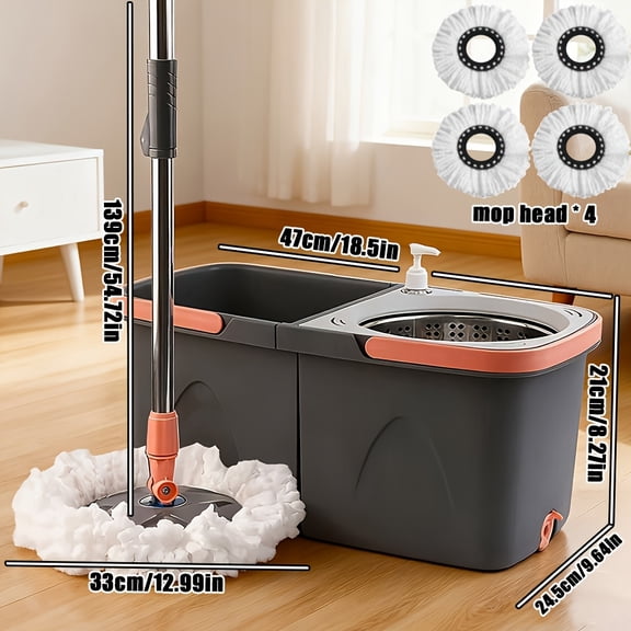 Hands-Free Spinning Mop Bucket System with 4-Pad Refill - Heavy-Duty Wet/Dry, Dual Bucket Separation & One-Touch Spray, Space-Saving Mop for, Wood Floors, - Stainless /Plastic (Compatible with)