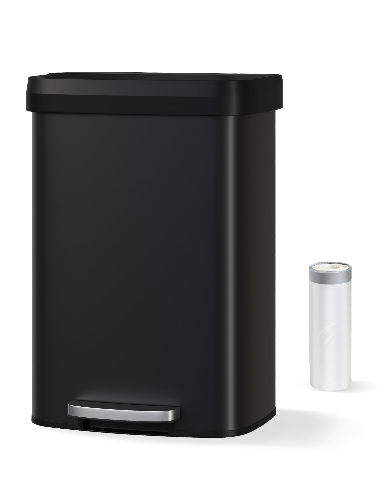 Hands-Free Step-On Kitchen Trash Can, 13 Gallon/50L – Rustproof Black Metal Garbage Bin with Soft Close Plastic Lid, Odor Control, Liner Rim, Rear Handle – Black