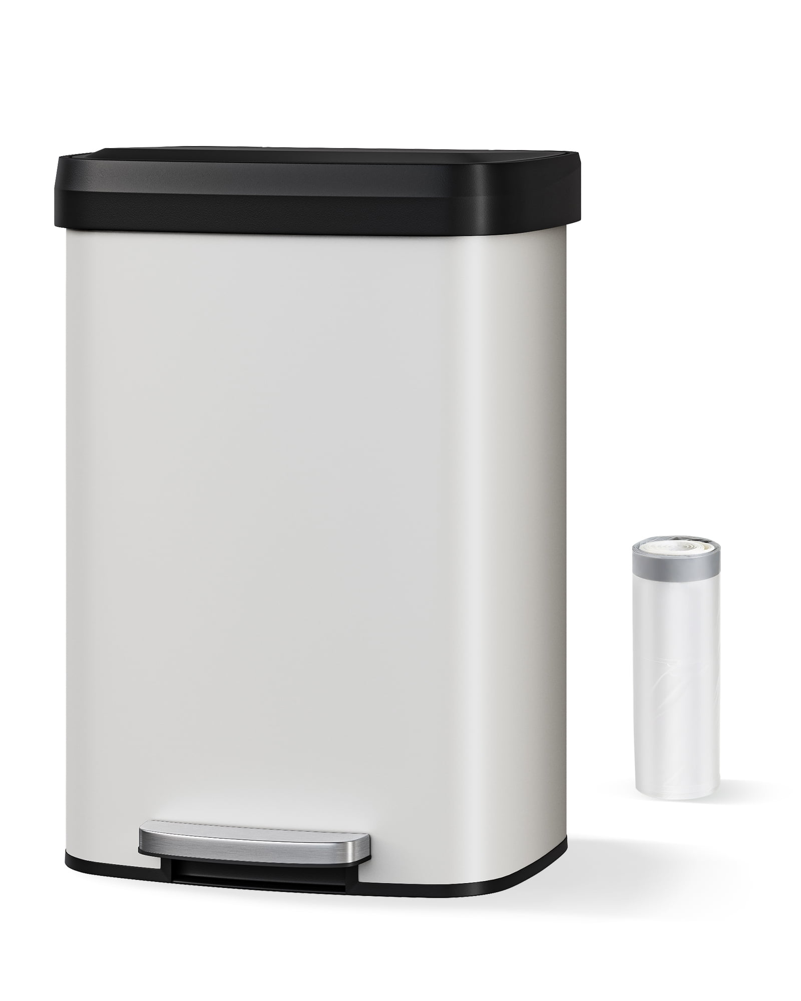Hands-Free Step-On Kitchen Trash Can, 13 Gallon/50L – Rustproof White Metal Garbage Bin with Soft Close Lid, Odor Control, Liner Rim, Rear Handle, Durable Plastic Cover – White
