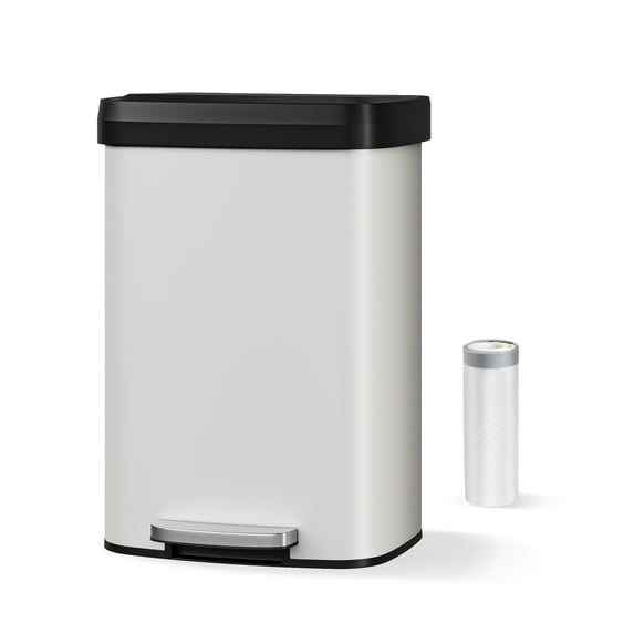 Hands-Free Step-On Kitchen Trash Can, 13 Gallon/50L – Rustproof White Metal Garbage Bin with Soft Close Lid, Odor Control, Liner Rim, Rear Handle, Durable Plastic Cover – White