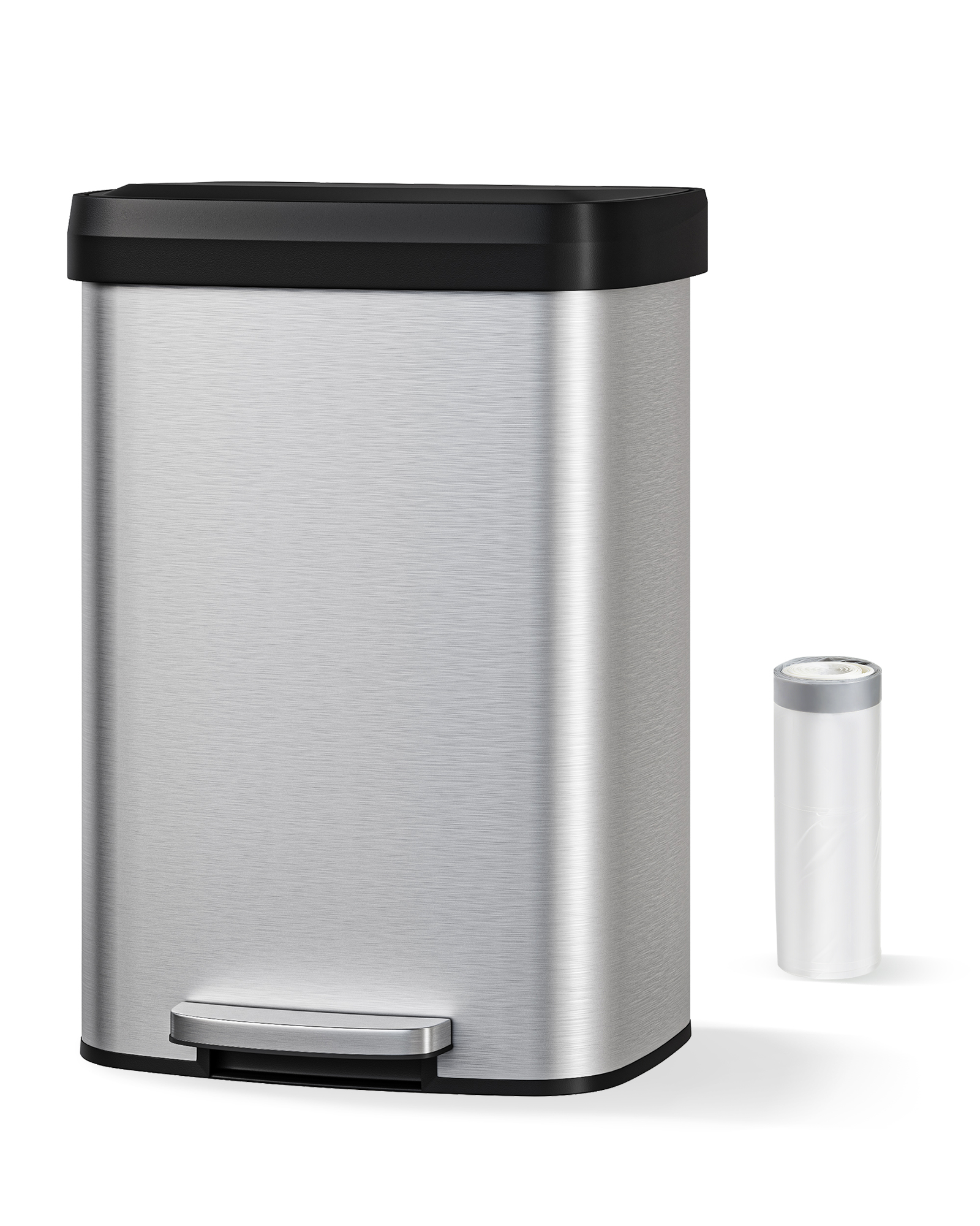 Hands-Free Step-On Kitchen Trash Can, 13 Gallon/50L – Tall Stainless Steel Garbage Bin with Soft Close Lid, Odor Control, Liner Rim, Rear Handle, Rustproof – Stainless Steel Color