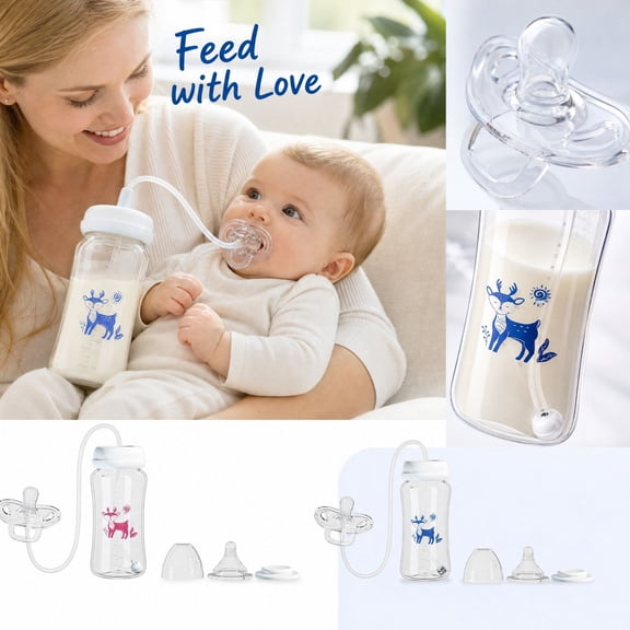 Hands Free Student Bottle with Straw, Wide Mouth Ergonomic Self Feeding Bottle Featuring Gravity Ball Technology and Soft Silicone Nipple for Mess Free Feeding, Pink Deer Student