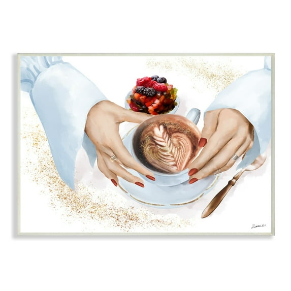 Hands Holding Cappuccino Glam Fashion Detail 15 in x 10 in Framed Painting Art Print, by Stupell Home Décor