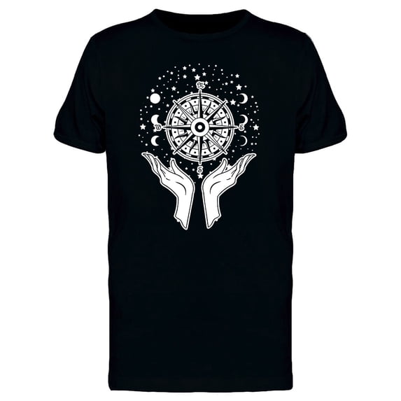 Hands Holding Compass On Cosmos T-Shirt Men -Image by Shutterstock, Male 3X-Large
