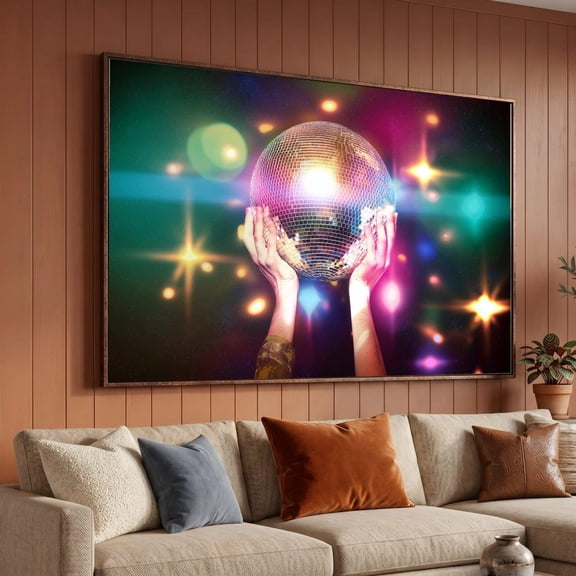 Hands Holding Disco Ball Art Retro Party Wall Art Glow Light Decoration Colorful Nightclub Scene Vibrant Home Art, Unframed Paper Print