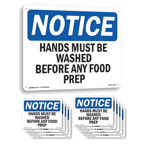 Hands Must Be Washed Before Any Food Prep OSHA Notice Aluminum Sign 10 Inch x 7 Inch - 10 Pack