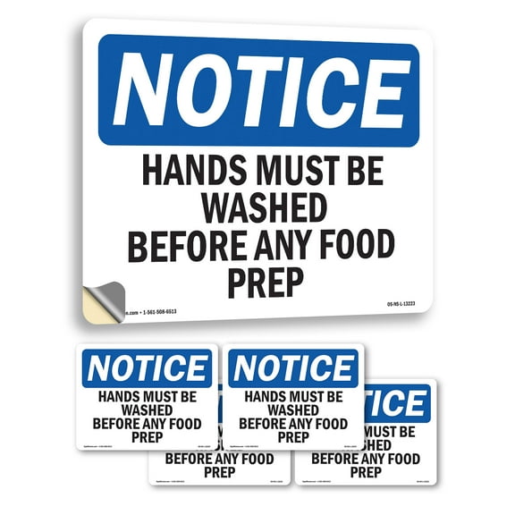 Hands Must Be Washed Before Any Food Prep OSHA Notice Vinyl Decal Label 5 Inch x 3.5 Inch - 5 Pack
