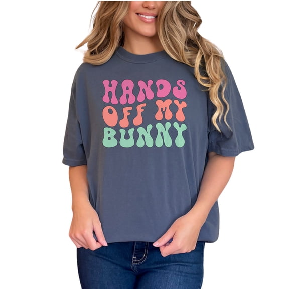 Hands Off My Bunny T-Shirt, Cute Bunny Graphic Tee, Funny Animal Lover Shirt, Retro Lettering Graphic, Bunny Gift Shirt, Denim Comfort Colors T-Shirt, Large