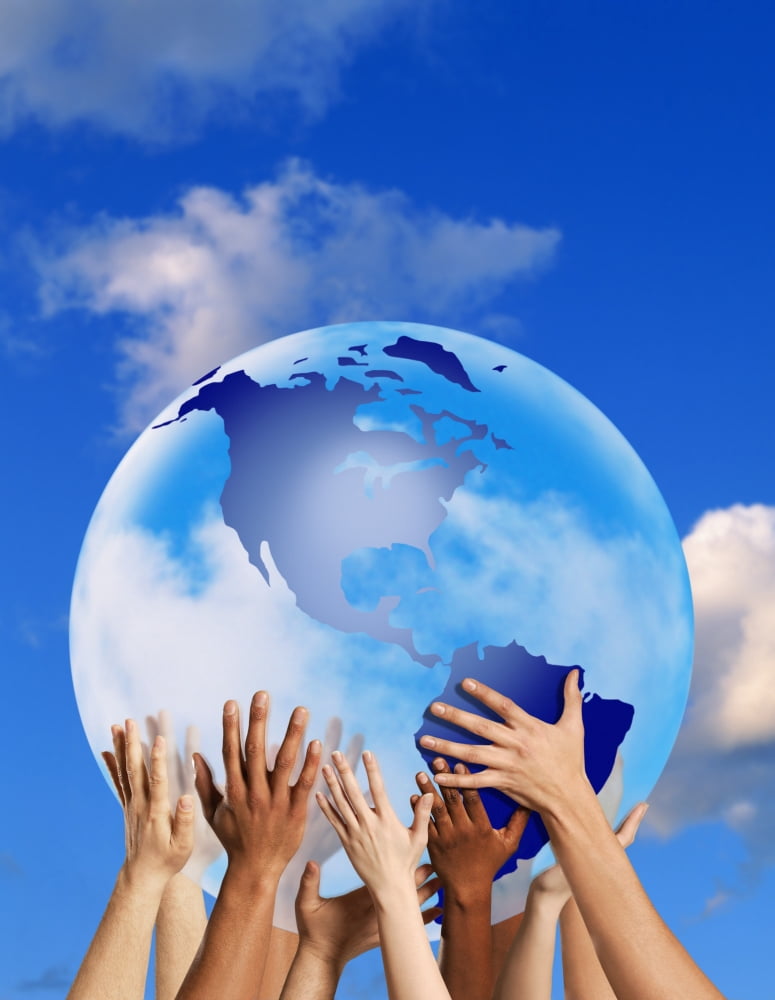 Hands Touching A Globe Canvas Art - Don Hammond Design Pics (24 x 32)