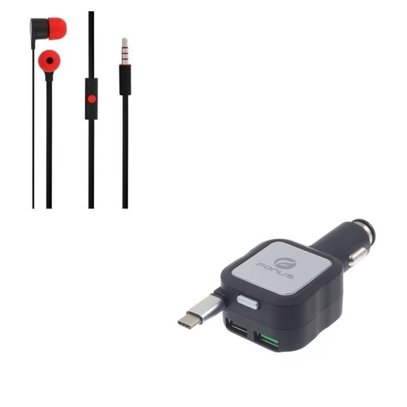 Hands-free Earphones w Retractable Car Charger V7Z for LG V40 ThinQ, V35 ThinQ, Q7 Plus, Google Nexus 5X, G8 ThinQ, G7 ThinQ, G Pad X II 10.1, Stylo 4 Plus - Microsoft Surface Go (10")