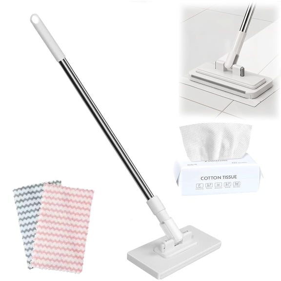 Hands-free flat mop (includes 2 disposable pads) — features a locking mop head and long handle; a versatile dust-cleaning mop suitable for walls, bathrooms, and corners(37ich)