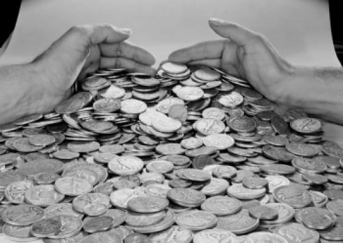 Hands grabbing heap of coins Canvas Art - (24 x 36)