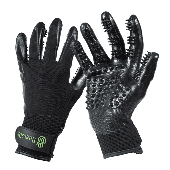 HandsOn Pet Grooming Gloves - Shedding, Bathing, & Daily Grooming Gloves - Gentle Brush for Cats, Dogs, and Horses, Black Large