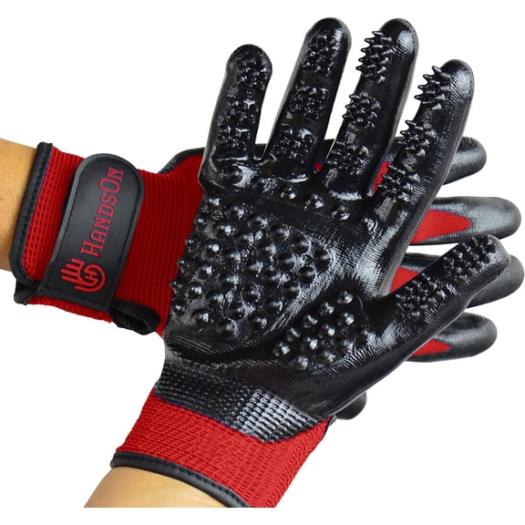 HandsOn Pet Grooming Gloves - Patented #1 Ranked, Award Winning Shedding, Bathing, & Hair Remover Gloves - Gentle Brush for Cats, Dogs, and Horses Red Medium (Pack of 1)