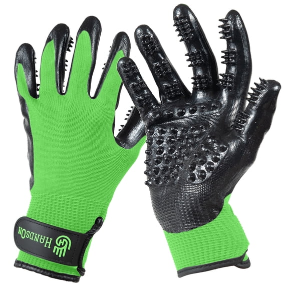 HandsOn Pet Grooming Gloves for Cats, Dogs, and Horses, Green, Large