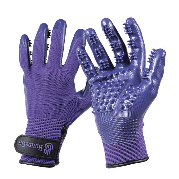 HandsOn Pet Grooming Gloves for Cats, Dogs, and Horses, Mono, Purple, Medium