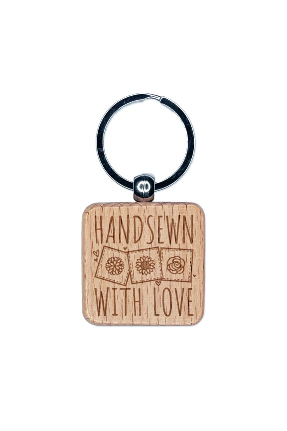 Handsewn with Love Flower Quilt Blocks Sewing Crafts Square Keychain Charm Tag - Engraved Wood