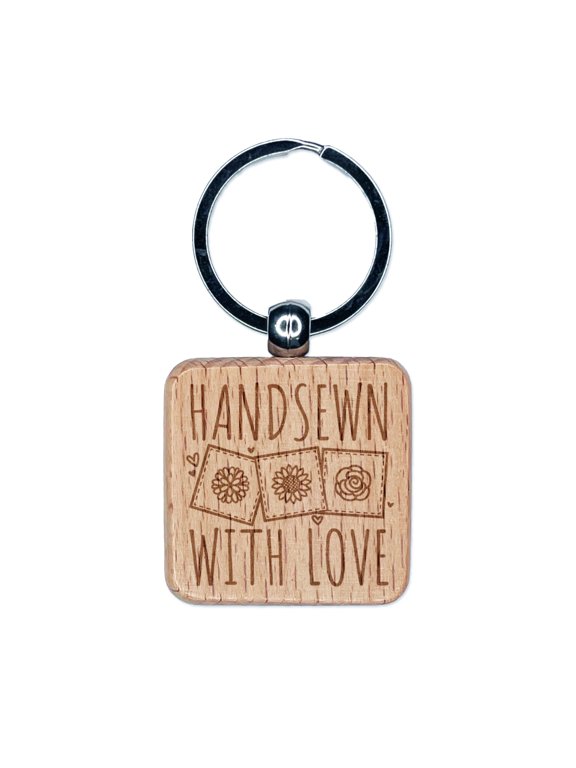 Handsewn with Love Flower Quilt Blocks Sewing Crafts Square Keychain Charm Tag - Engraved Wood