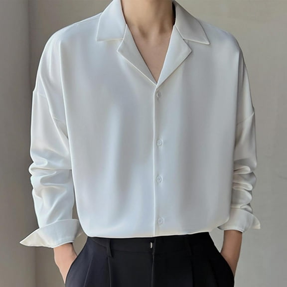 Handshe Hot - Selling Men's Summer Ice Silk Long - Sleeved Shirt | Light Mature Style Solid Color Cuban Collar Casual Top