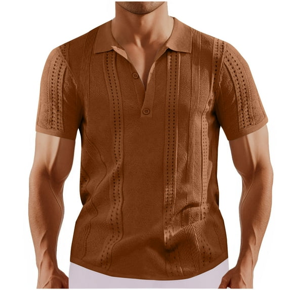 Handshe Men Button up Spring Fall Short Sleeved-neck Knitted Breathable Elastic Hollow Top