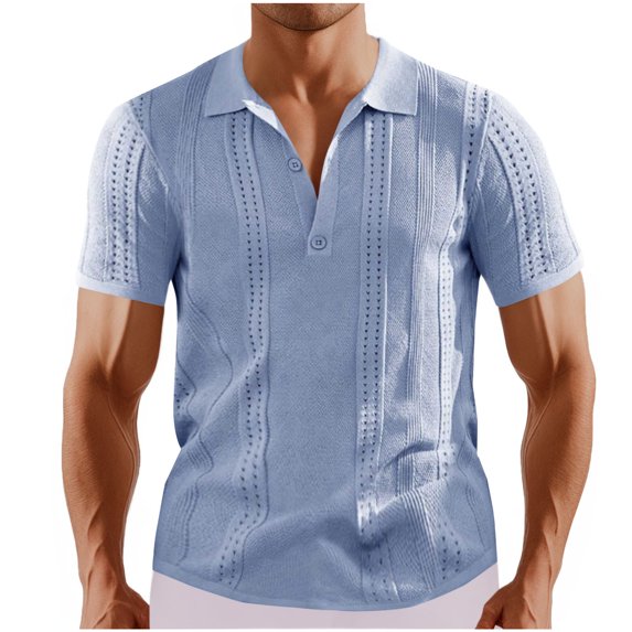 Handshe Men Button up Spring Fall Short Sleeved-neck Knitted Breathable Elastic Hollow Top