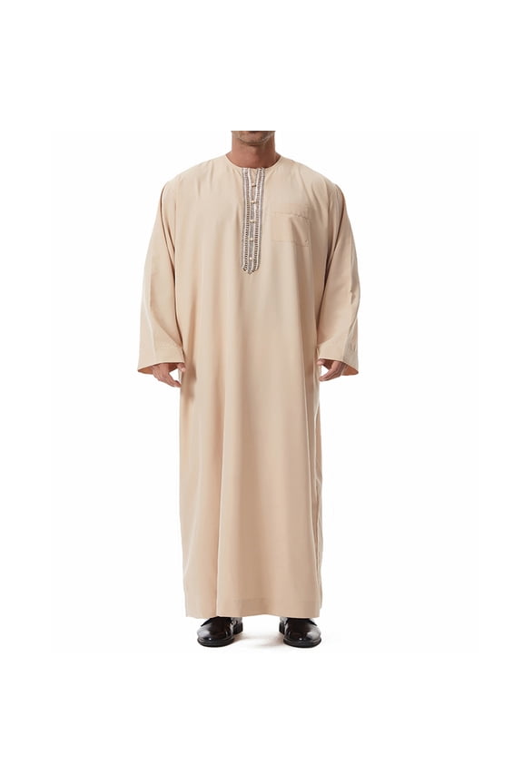 Men's Arab Thobe, Solid Color Buttoned Long Sleeve Robe without Hood for Daily Wear and Islamic Wears