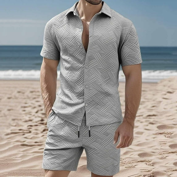 Handshe Men's Athletic Shorts and Button-Down Shirt Set, Solid Color with Drawstring and Pockets for Sports and Daily Use