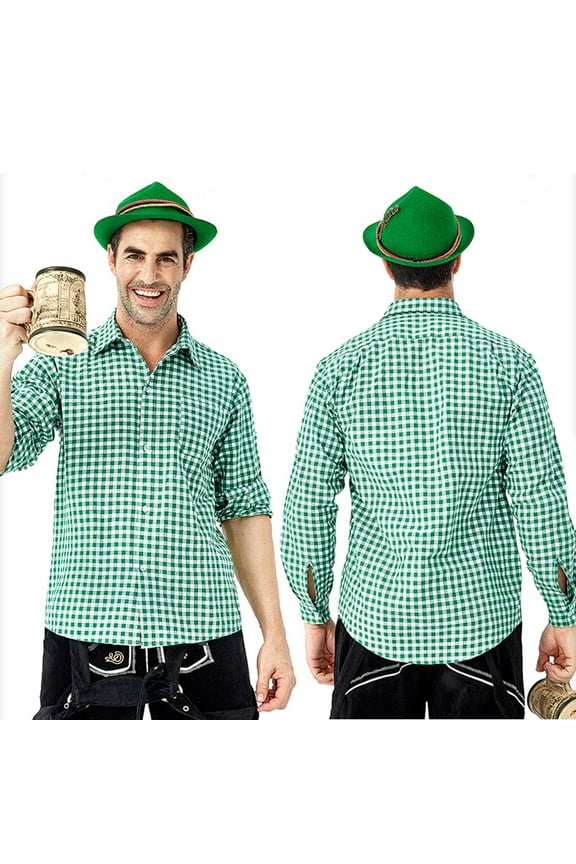 Men's Bavarian Oktoberfest Checkered Shirt, Long Sleeve Collared Casual Shirt, Traditional German Beer Festival Costume Attire for Oktoberfest Parties,Plus Size