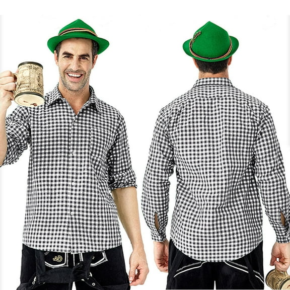 Handshe Men's Bavarian Oktoberfest Checkered Shirt, Long Sleeve Collared Casual Shirt, Traditional German Beer Festival Costume Attire for Oktoberfest Parties,Plus Size
