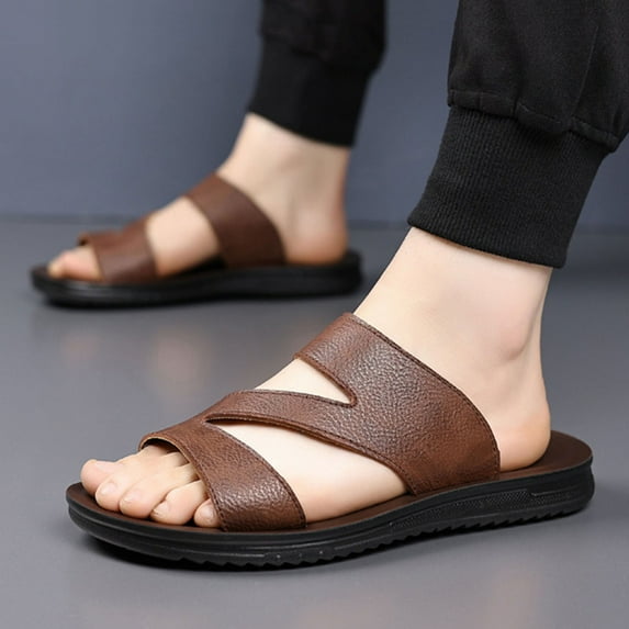 Handshe Men's Breathable Beach Sandals – Soft Leather Upper with Thick Sole & Open-Toe Design for Spring-Summer Casual Footwear,Plus Size