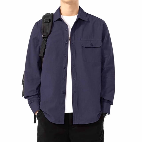 Handshe Men's Business Casual Shirt, Solid Color Long Sleeve with Pocket and Button Down Collar, 100% Cotton for Office and Daily Wear