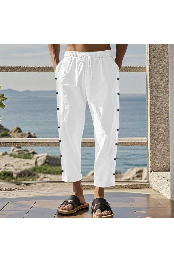 Men's Button-Decorated Pocket Cropped Pants with Solid Color Elastic Waistband Casual Comfort Fit