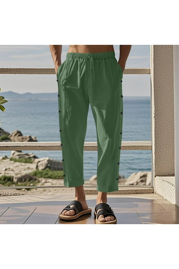 Men's Button-Decorated Pocket Cropped Pants with Solid Color Elastic Waistband Casual Comfort Fit