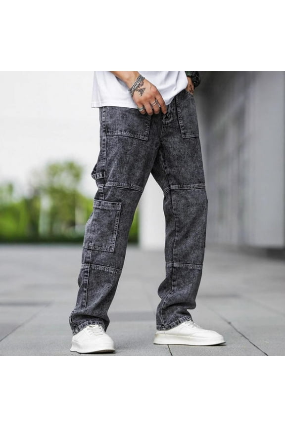 Men's Button-Fly Cargo Jeans with Zipper Pockets Straight Leg Utility Pants for Casual Wear,Plus Size