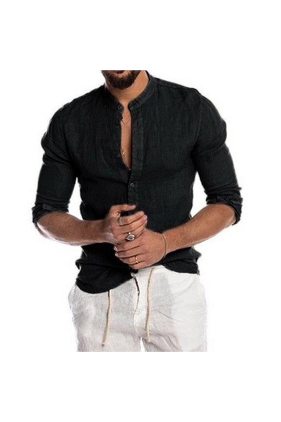 Men's Button V - Neck Long - Sleeve Casual Shirt - Fashion Loose Top