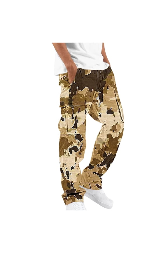Men's Camouflage Cargo Pants, Elastic Waist with Drawstring Pockets, Durable Straight-Leg Fit for Outdoor Work and Daily Wear