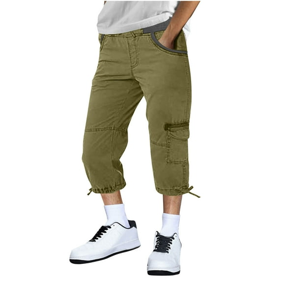 Handshe Men's Capri Pants Solid Color with Drawstring Pockets Lightweight Casual