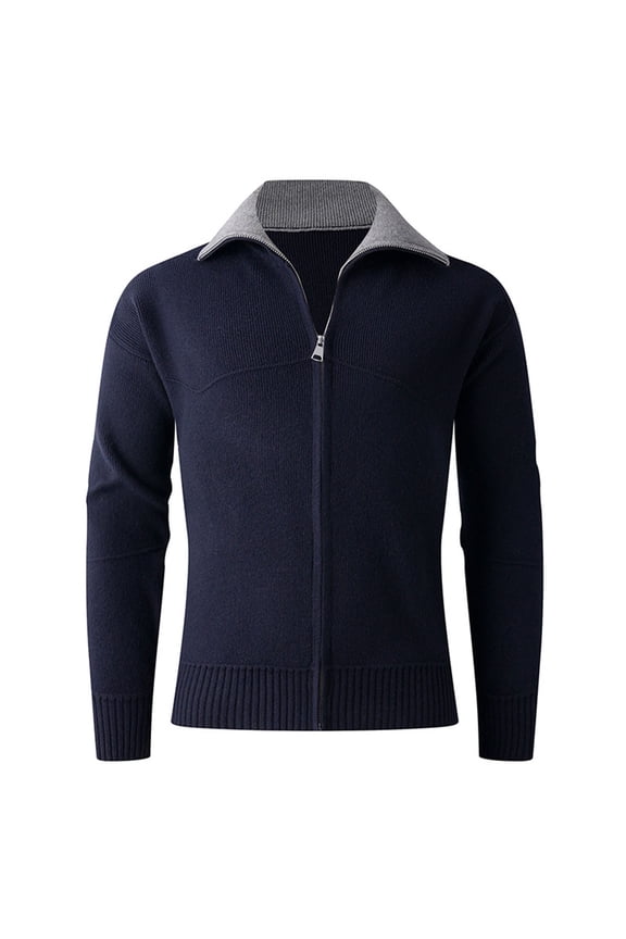 Men's Cardigan Sweater with Collar and Color Block Design, Knit Zip Front Jacket Long Sleeve Outerwear for Casual Daily Wear