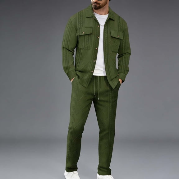 Handshe Men's Cardigan and Joggers Set, Long Sleeve Solid Color with Notched Collar and Elastic Waist for Outdoor Sports and Daily Wear