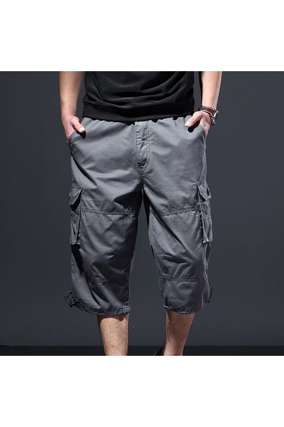Men's Cargo Capris with Multi-Pocket Design and Elastic Waist, Summer Casual Solid Color Work Shorts,Plus Size